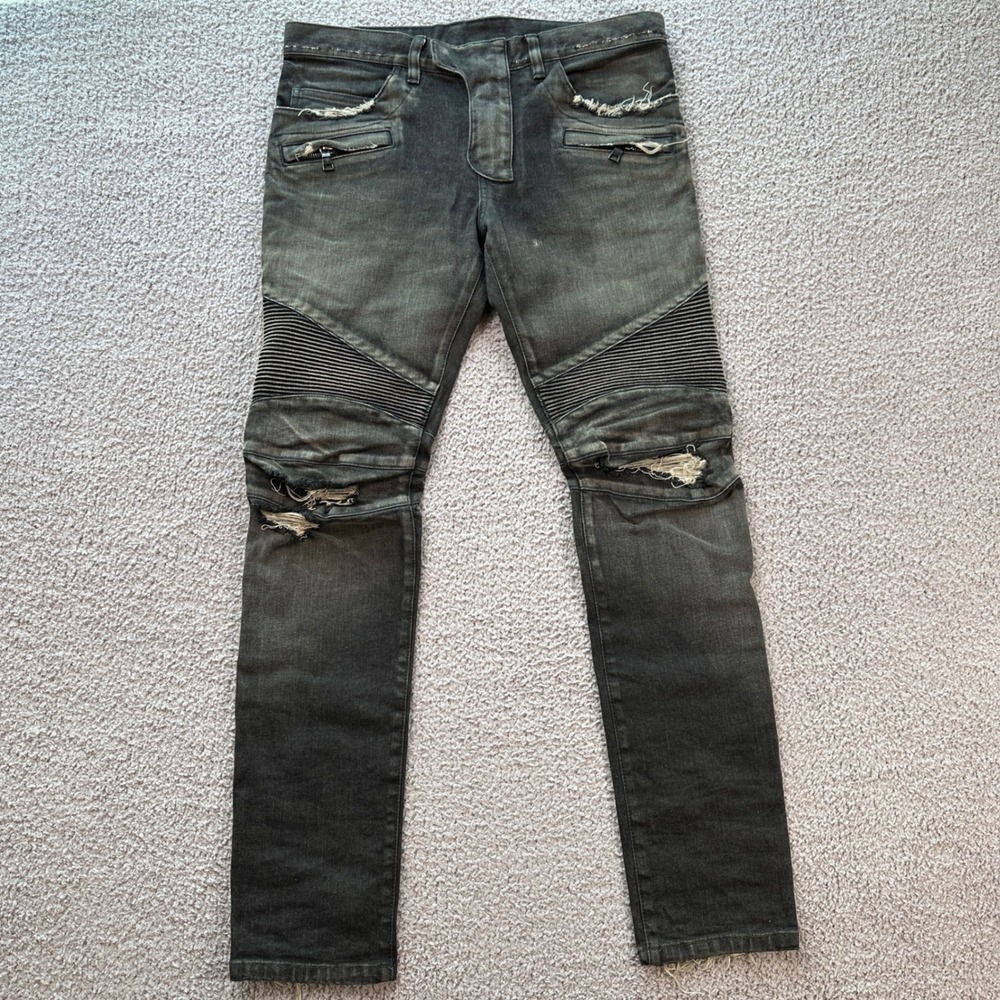 BALMAIN Paris Men's Black Moto Biker Jeans Distressed Designer Slim Fit Size 33